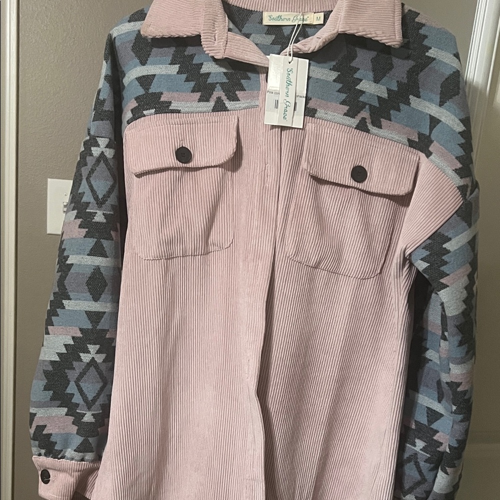 Southern Grace Dusty Pink Corduroy Shacket with Aztec Knit Yoke